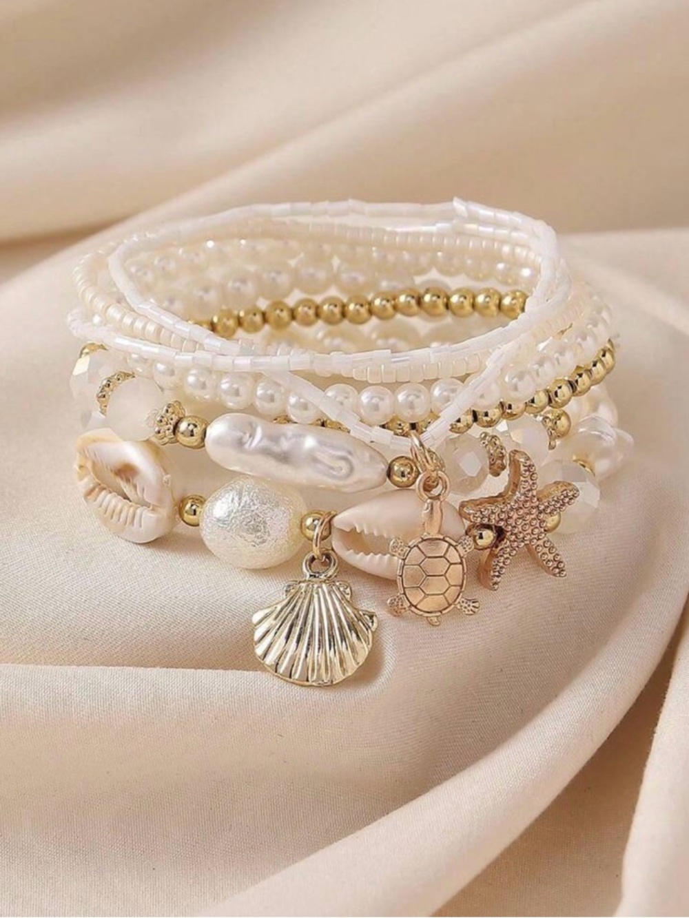 White Gold Shell Beaded Bracelet Set Beach Charm Stack Stretch